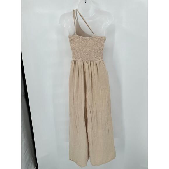 Anrabess Jumpsuit Small Tan Single Shoulder Wide Leg Coastal Linen One Shoulder - Picture 5 of 9